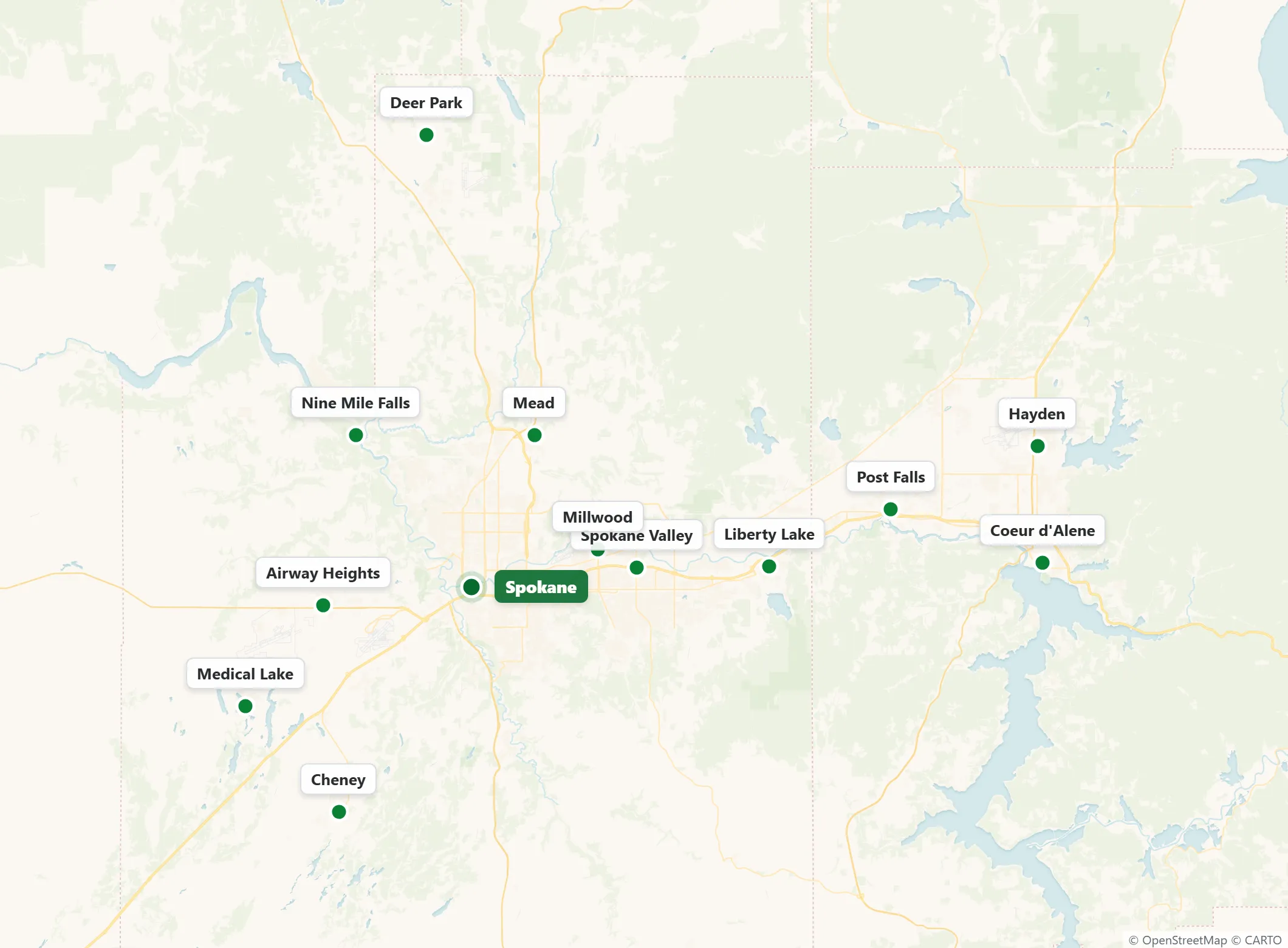 Map of Spokane and the Inland Northwest showing the cities Spokane Pro Movers serves