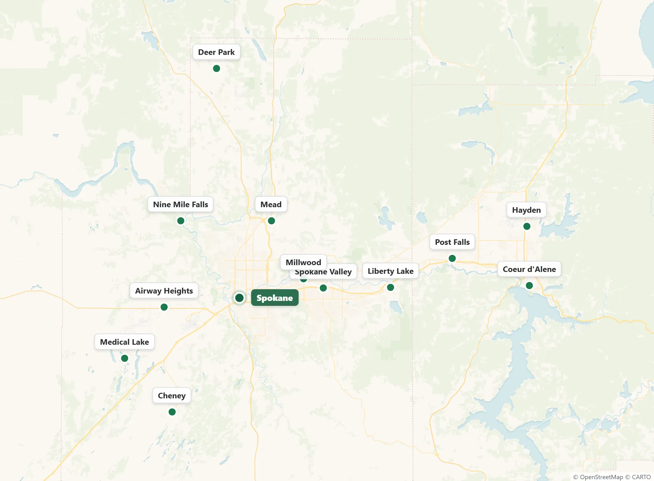 Map of Spokane and the Inland Northwest showing every city Spokane Pro Movers serves
